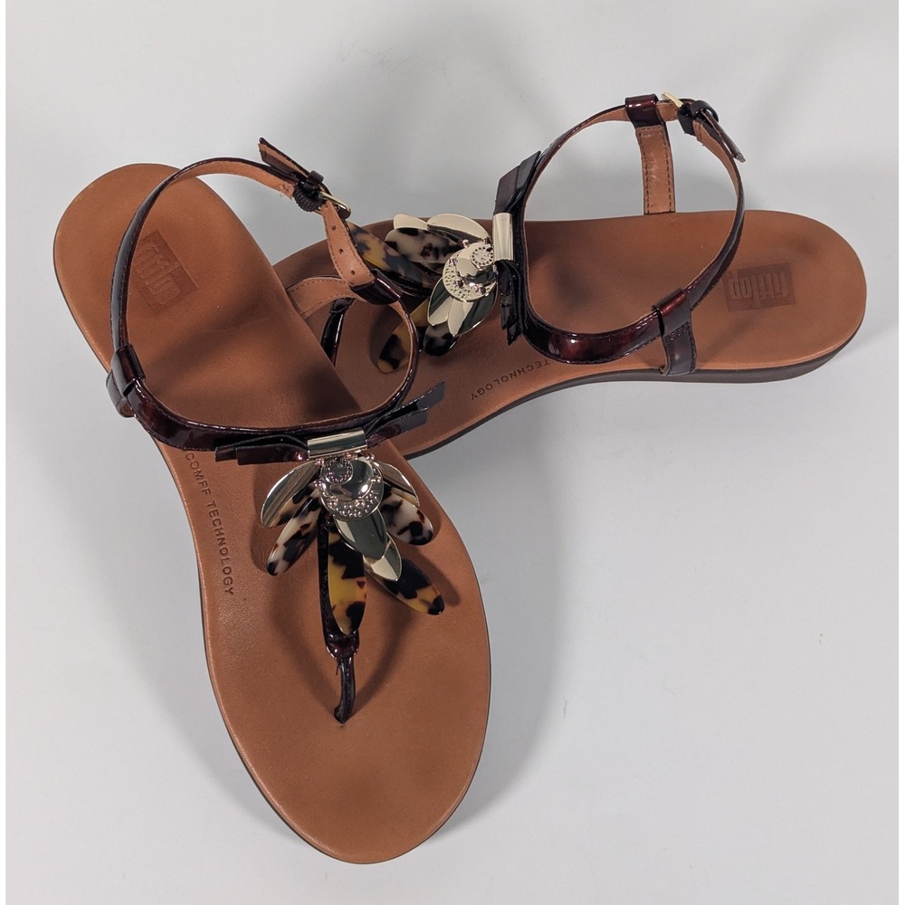 FitFlop Duocomff Burgundy Patent Tortoise Petal Thong Sandals V07-690 Womens 7